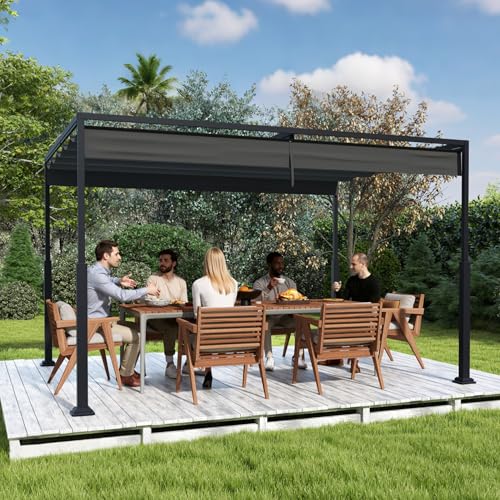 UISEBRT 3x4 m Pergola Pavillon mit stabilem Stahlgestell und hochwertigem Schiebedach aus PA-beschichtetem Polyester, freistehende Terrassenüberdachung, ideal für Outdoor (Schwarz) von UISEBRT