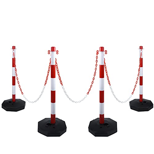 UISEBRT 4 Stück Absperrpfosten Kettenpfosten aus Kunststoff mit 4 Absperrketten von 140cm, Sperrpfosten mit Standfuß 82 x 28 x 28cm, für Verkehrskontrolle Warnung, Rot und Weiß von UISEBRT
