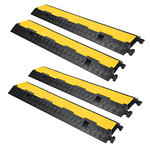 UISEBRT 4 Stück Boden Kabelbrücke Fussboden Kabelkanal Schlauchbrücke Modular gefertigte Kabel-Überfahrschutz aus Gummi, Boden Kabelabdeckung mit 2 Kanälen, 100 x 24 x 5 cm, Schwarz/Gelb von UISEBRT