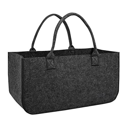 UISEBRT 4 Stück Kaminholztasche Filz, Filztaschen Shopper mit Tragegriffen, Kaminholzkorb Filztasche für Holz Kaminholz und Zeitungen, auch als Einkaufstasche, 25x25x50 cm (Dunkelgrau) von UISEBRT