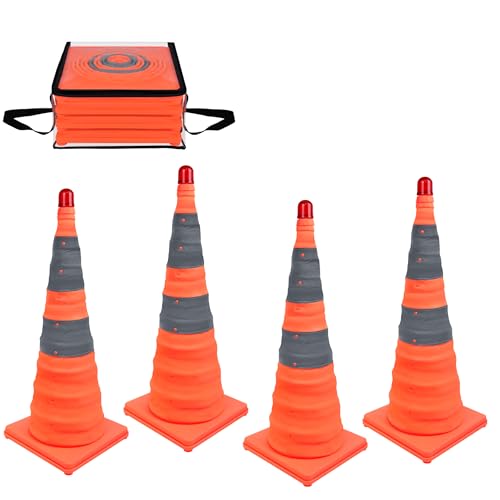 UISEBRT 4 Stücke Verkehrskegel Zusammenklappbare Verkehrshütchen mit LED-Licht und Organizer-Tasche, Popup-Reflektierender Pylonen 70cm hoch Warnkegel Leitkegel für zu Hause und Unternehmen, Orange von UISEBRT
