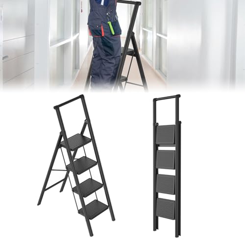 UISEBRT 4 Stufen Trittleiter Klappbar mit Handlauf, Haushaltsleiter, Verbreiterte rutschfeste Stufen, Belastbar bis 270KG, Leiter für Haushalt, Büro, Küche, Schwarz UISEBRT 4 Stufen Trittleiter Klappbar mit Handlauf, Haushaltsleiter, Verbreiterte rutschfeste Stufen, Belastbar bis 270KG, Leiter für Haushalt, Büro, Küche, Schwarz von UISEBRT