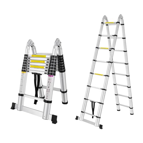 UISEBRT 5M Teleskopleiter Klappbar Alu-Teleskopleiter Ausziehleiter Klappleiter Teleskop-Design Multifunktionsleiter 2,5M+2,5M Faltbar Stehleiter 150 kg Belastbarkeit, Silber von UISEBRT