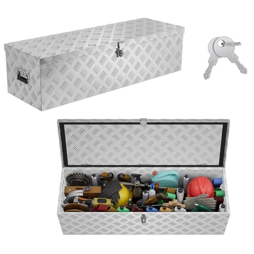 UISEBRT Aluminium Werkzeugbox mit Schloss, Alubox Transportbox 990x330x254 mm, robuste Alu Kiste für Werkzeuge, Anhängerbox, wasserdichte Aufbewahrungsbox mit 2 Schlüsseln (Silber) von UISEBRT