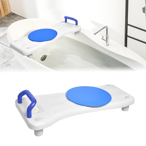 UISEBRT Badewannenbrett mit Drehscheibe Badewannensitz Senioren, Sitzbrett für Badewanne, Wannensitz mit Griff und Seifenablage, Länge 70 cm, Weiß und Blau von UISEBRT