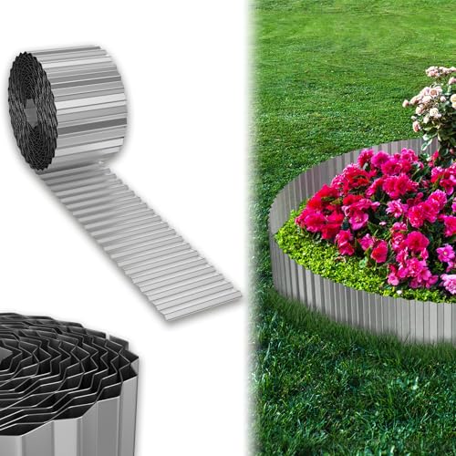 UISEBRT Cortenstahl Rasenkante, Verzinktes Beetbegrenzung aus Metall Einfach zu Montieren, 15cm Hoch Flexibel Rasenkanten, Wurzelsperre Blumenbeet oder als Mähkante Länge Anpassbar(10M, Silber) von UISEBRT