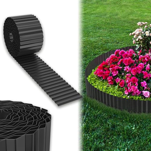 UISEBRT Cortenstahl Rasenkante, Verzinktes Beetbegrenzung aus Metall Einfach zu Montieren, 18cm Hoch Flexibel Rasenkanten, Wurzelsperre Blumenbeet oder als Mähkante Länge Anpassbar(10M, Schwarz) von UISEBRT