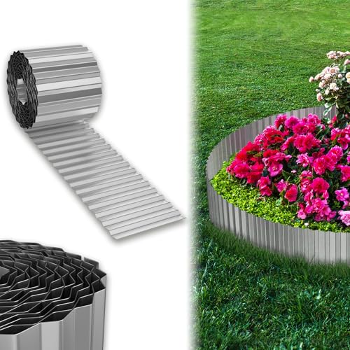 UISEBRT Cortenstahl Rasenkante, Verzinktes Beetbegrenzung aus Metall Einfach zu Montieren, 18cm Hoch Flexibel Rasenkanten, Wurzelsperre Blumenbeet oder als Mähkante Länge Anpassbar(5M, Silber) von UISEBRT