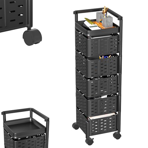 UISEBRT Drehbares Küchenregal mit 5 Ebenen, Rollwagen für Obst und Gemüse, Mehrlagiges Aufbewahrungsregal mit 360° Rotation, Mit 4 Rollen, Platzsparend (Quadratisch, Schwarz) von UISEBRT