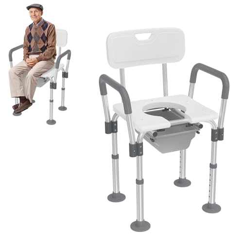 UISEBRT Duschstuhl Duschhocker Höhenverstellbar Badhocker mit Toiletteneimer, Abnehmbaren Armlehnen und Anti-Rutsch-Gummifüße Nachtstuhl WC-Stuhl Duschhilfe Duschsitz bis 150 kg von UISEBRT
