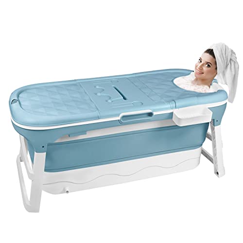 UISEBRT Faltbare Badewanne Erwachsene XL, Foldable Bathtub 128 x 62 x 53 cm, Tragbare Klappbadewanne mit abnehmbare Abdeckung, Seifenkorb, Massagerollen, Idea für kleines Badezimmer, Blau von UISEBRT