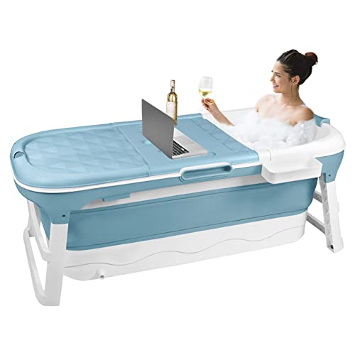 UISEBRT Faltbare Badewanne Erwachsene XL, Foldable Bathtub 148 x 62 x 53 cm, Tragbare Klappbadewanne mit abnehmbare Abdeckung, Seifenkorb, Massagerollen, für Badezimmer, Blau von UISEBRT