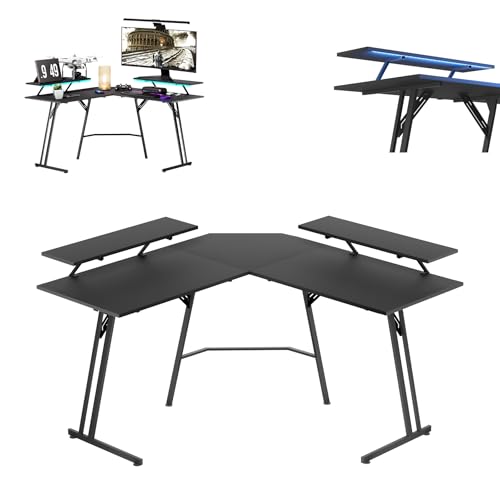 UISEBRT Gaming Schreibtisch 120 x 120cm L-förmiger Gaming Tisch mit LED Monitorständer, Kohlefaseroberfläche Ergonomischer Groß Computertisch Eckschreibtisch für Heimbüro Homeoffice - Schwarz von UISEBRT