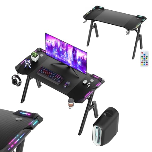 UISEBRT Gaming Schreibtisch 120 x 60cm Gamer Tisch A-förmiger Kohlefaseroberfläche Computertisch mit RGB LED-Licht, Ergonomischer Eckschreibtisch mit Kopfhörerhaken und Getränkehalter von UISEBRT