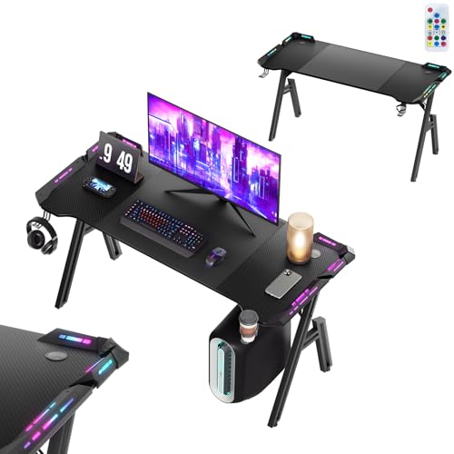 UISEBRT Gaming Schreibtisch 140 x 60cm Gamer Tisch A-förmiger Kohlefaseroberfläche Computertisch mit RGB LED-Licht, Ergonomischer Eckschreibtisch mit Kopfhörerhaken und Getränkehalter von UISEBRT