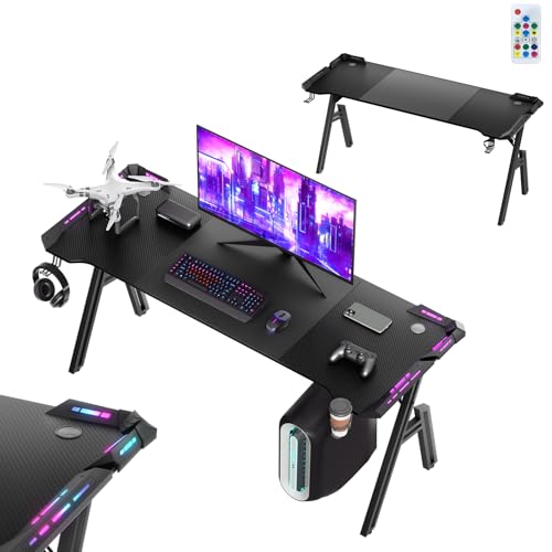 UISEBRT Gaming Schreibtisch 160 x 60cm Gamer Tisch A-förmiger Kohlefaseroberfläche Computertisch mit RGB LED-Licht, Ergonomischer Eckschreibtisch mit Kopfhörerhaken und Getränkehalter von UISEBRT