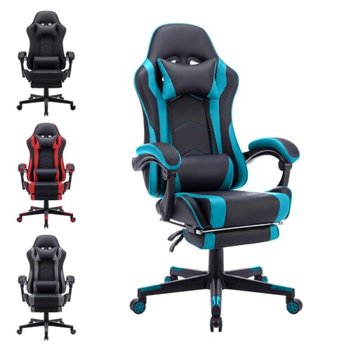 UISEBRT Gaming Stuhl Bürostuhl Ergonomisch mit Lendenkissen, 90°-155° Verstellbar Rückenlehne, PC Stuhl Höhenverstellbar Computerstuhl 150kg Belastbarkeit, Schwarz+Blau von UISEBRT