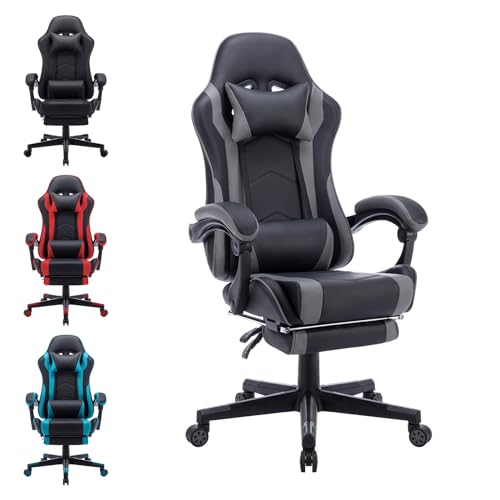 UISEBRT Gaming Stuhl Bürostuhl Ergonomisch mit Lendenkissen, 90°-155° Verstellbar Rückenlehne, PC Stuhl Höhenverstellbar Computerstuhl 150kg Belastbarkeit, Schwarz+Grau von UISEBRT