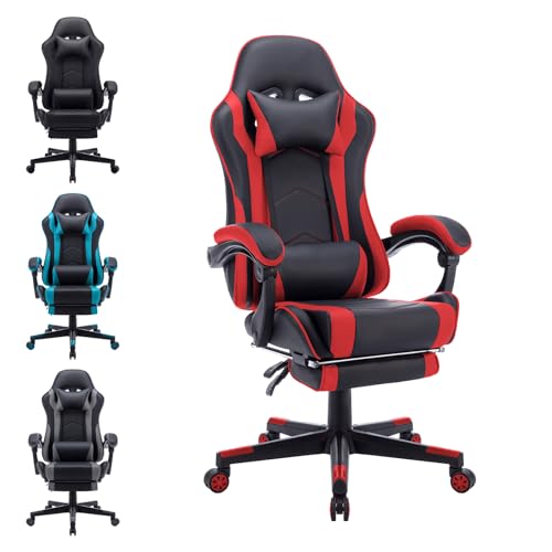 UISEBRT Gaming Stuhl Bürostuhl Ergonomisch mit Lendenkissen, 90°-155° Verstellbar Rückenlehne, PC Stuhl Höhenverstellbar Computerstuhl 150kg Belastbarkeit, Schwarz+Rot von UISEBRT