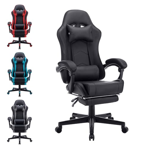 UISEBRT Gaming Stuhl Bürostuhl Ergonomisch mit Lendenkissen, 90°-155° Verstellbar Rückenlehne, PC Stuhl Höhenverstellbar Computerstuhl 150kg Belastbarkeit, Schwarz von UISEBRT