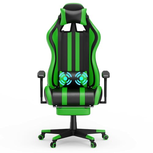 UISEBRT Gaming Stuhl Gepolstert Bürostuhl Ergonomisch mit Fußstütze, Kopfstütze, Massage Lendenkissen, Höhenverstellbar Gaming Chair 300 kg Belastbarkeit, Grün von UISEBRT