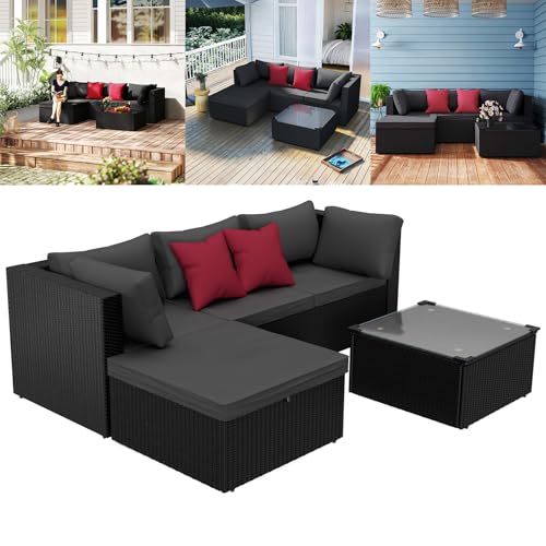 UISEBRT Gartenmöbel Set Polyrattan Lounge Schwarz mit 3er Sofa, Sessel, Hocker, Tisch, Balkonmöbel Sitzgruppe Gartensofa mit Sitzkissen Wetterfeste Outdoor Möbel für Terrasse und Garten von UISEBRT