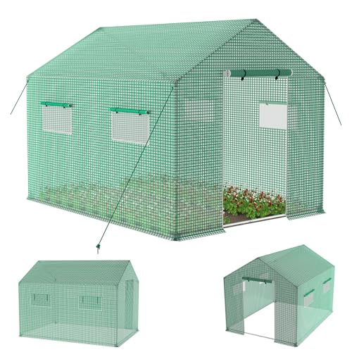 UISEBRT Gewächshaus Winterfest Foliengewächshaus Tomatenhaus mit Gitternetzfolie, Fenster und Erdankern, Verzinkte Rohrrahmen, Frostschutz Treibhaus für Garten Pflanzenanbau (6㎡, 3x2x2 m Grün) von UISEBRT