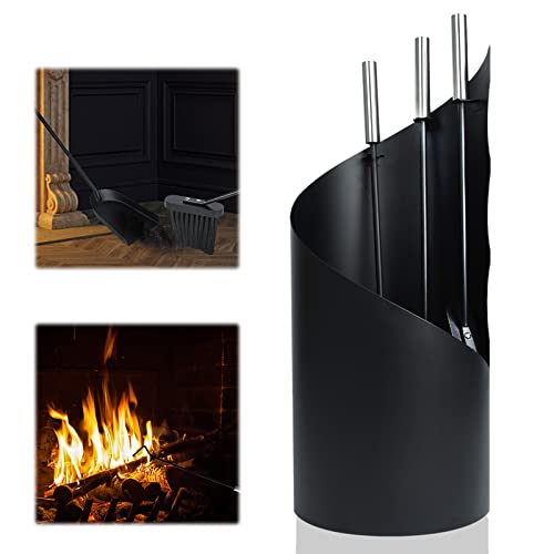 UISEBRT Kaminbesteck Modern Edelstahl 4-teilige Kamingarnitur Kamin Besteck Set mit Schürhaken, Ascheschaufel, Kaminbesen und Ständer, Schwarz von UISEBRT