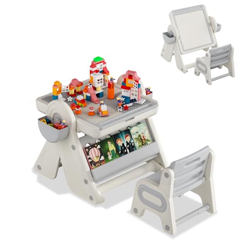 UISEBRT Kinder Bausteine Tisch Stuhl Set mit 1 Stühlen, Kindersitzgruppe mit Tablett für Bausteine, Stauraum, Abwischbarer Tischplatte, Kinder-Aktivitäts- und Lerntisch für Vorschulkinder von UISEBRT