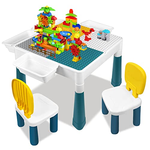 UISEBRT Kindertisch mit 2 Stühle Spieltisch mit 163 Stück Bausteine Multifunktionaler Aktivitätstisch Set für Kinder Baustein Tisch Stuhl Set Basteltisch für Kinderzimmer und Kindergarten von UISEBRT
