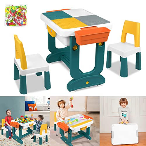 UISEBRT Kindertisch mit 2 Stühle Spieltisch mit 300 Stück Bausteine Multifunktionaler Aktivitätstisch Set für Kinder Baustein Tisch Stuhl Set Basteltisch für Kinderzimmer und Kindergarten von UISEBRT