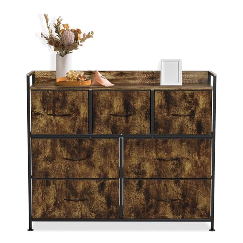 UISEBRT Kommode Sideboard 7 Stoffschubladen mit Griffen Metallgestell Schubladenschrank Kommodenschrank Aufbewahrungsschrank Stoffkommode Schrank für Schlafzimmer Wohnzimmer Flur, Vintage Holzmaserung von UISEBRT