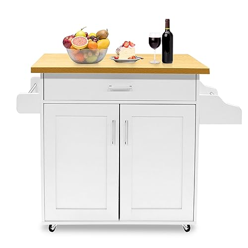 UISEBRT Küchenwagen mit Arbeitsplatte Kücheninsel aus Holz Küchenschrank auf Rollen Servierwagen mit Schublade & Ablage, Rollwagen Küchentrolley im Landhausstil Weiß UISEBRT Küchenwagen mit Arbeitsplatte Kücheninsel aus Holz Küchenschrank auf Rollen Servierwagen mit Schublade & Ablage, Rollwagen Küchentrolley im Landhausstil Weiß von UISEBRT