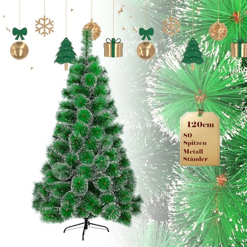 UISEBRT Künstlicher Weihnachtsbaum 120cm - Christbaum Dekobaum Tannenbaum Grün mit Metall Ständer (Grüne Tannennadeln mit Schnee-Effekt, 120cm) von UISEBRT