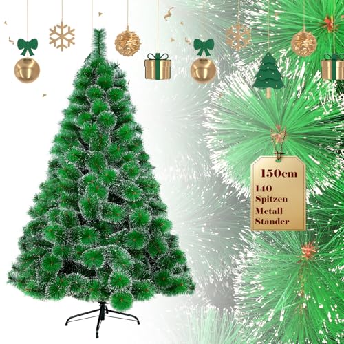 UISEBRT Künstlicher Weihnachtsbaum 150cm - Christbaum Dekobaum Tannenbaum Grün mit Metall Ständer (Grüne Tannennadeln mit Schnee-Effekt, 150cm) von UISEBRT