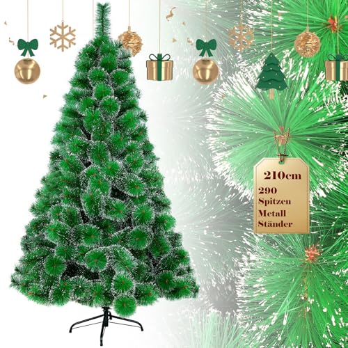 UISEBRT Künstlicher Weihnachtsbaum 210cm - Christbaum Dekobaum Tannenbaum Grün mit Metall Ständer (Grüne Tannennadeln mit Schnee-Effekt, 210cm) von UISEBRT