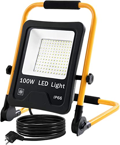 UISEBRT LED Baustrahler 100W Kaltweiß inkl. Standgestell und Netzkabel - LED Fluter Arbeitsscheinwerfer Wasserdicht IP66 für Innen-und Außenbereich - Garage, Garten, Sportplatz, Baustelle von UISEBRT