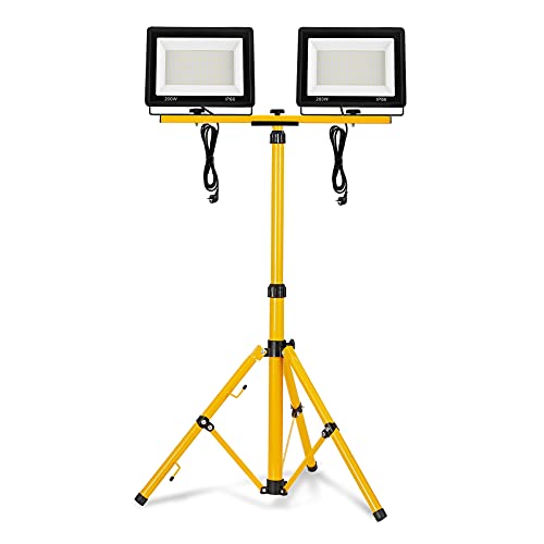UISEBRT LED Baustrahler 2 * 200W Warmweiß mit Stativ Baustellen Strahler inkl. Netzkabel LED Fluter Arbeitsscheinwerfer Wasserdicht IP66 für Garage, Garten, Baustelle von UISEBRT