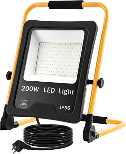 UISEBRT LED Baustrahler 200W Kaltweiß inkl. Standgestell und Netzkabel - LED Fluter Arbeitsscheinwerfer Wasserdicht IP66 für Innen-und Außenbereich - Garage, Garten, Sportplatz, Baustelle von UISEBRT