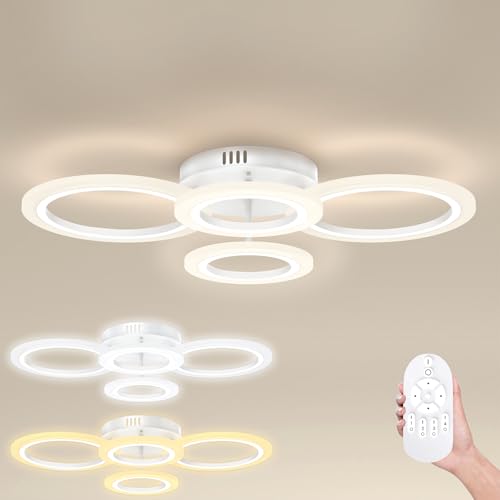 UISEBRT LED Deckenlampe Dimmbar 60W, 2+2 Ringe Runde Deckenleuchte mit Fernbedienung, 2800-6500K 3 Lichtmodi, Moderne Deckenbeleuchtung Weiß, IP44 Wasserdicht, für Schlafzimmer Wohnzimmer Esszimmer von UISEBRT