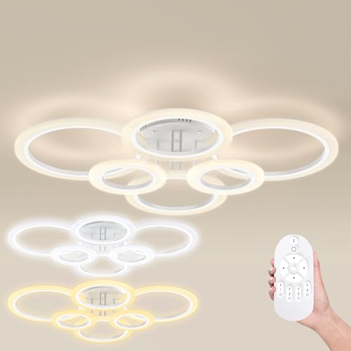 UISEBRT LED Deckenlampe Dimmbar 96W, 4+2 Ringe Runde Deckenleuchte mit Fernbedienung, 2800-6500K 3 Lichtmodi, Moderne Deckenbeleuchtung Weiß, IP44 Wasserdicht, für Schlafzimmer Wohnzimmer Esszimmer von UISEBRT