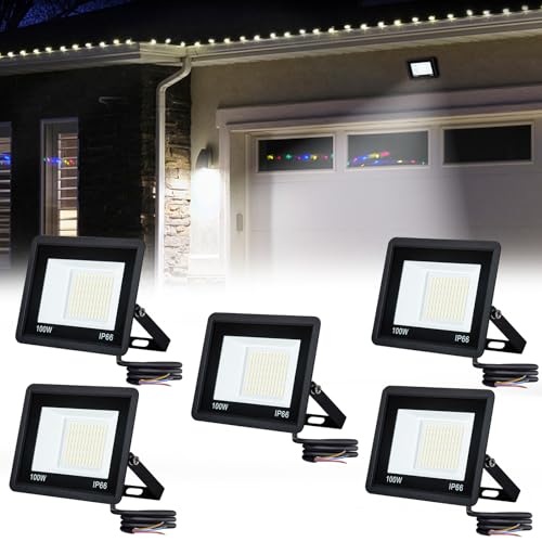 UISEBRT LED Strahler Außen 5x100W Superhell LED Fluter Flutlicht 7000LM - Kaltweiß LED Scheinwerfer Wasserdicht IP66 Baustrahler für Garten Garage Sportplatz Hotel - 120° Abstrahlwinkel von UISEBRT