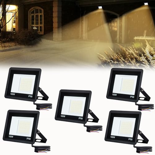 UISEBRT LED Strahler 5x100W Superhell LED Fluter 7000LM - Warmweiß Wasserdicht IP66 Baustrahler für Garten, Garage, Sportplatz, Hotel - 120° Abstrahlwinkel von UISEBRT