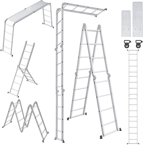 UISEBRT Mehrzweckleiter 4x4 Aluminium mit Plattform 6 in 1 Multifunktionsleiter Leiter 470cm Klappleiter Gelenkleiter Aluleiter Kombileiter Vielzweckleiter bis 150KG, Silber von UISEBRT