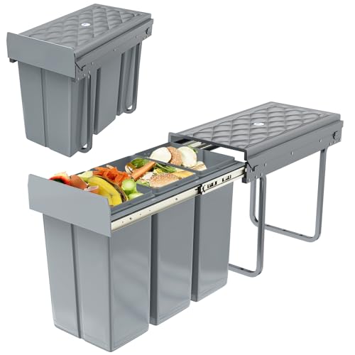 UISEBRT Mülleimer Küche Unterschrank Einbau Abfalleimer Ausziehbar Mülltrennsystem mit Rutsche Kunststsoff Grau【3x10L】 von UISEBRT