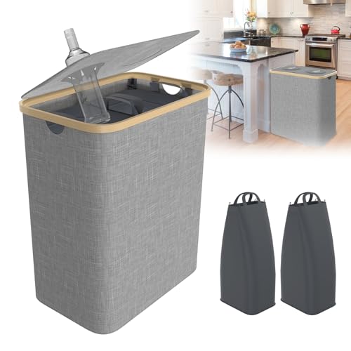 UISEBRT Pfandflaschen-Sammelbox mit Deckel und 2 Tragetasche | Recycling Behälter aus Oxford-Stoff und Bambus für Leergut & Altglas | 150L-Kapazität | Grau Rechteckig von UISEBRT