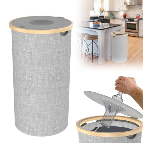 UISEBRT Pfandflaschen-Sammelbox mit Deckel und Tragetasche | Recycling Behälter aus Oxford-Stoff und Bambus für Leergut & Altglas | 100L-Kapazität | Grau Rund von UISEBRT