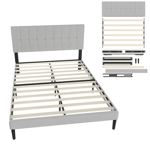 UISEBRT Polsterbett 140 x 200 cm – Bettrahmen mit Knöpfen, Plattformbettgestell mit gepolstertem Kopfteil aus Leinen, Holzlattenstütze, Doppelbett für Erwachsene, Modernes Design (Hellgrau) von UISEBRT
