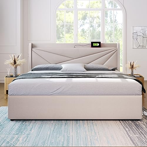 UISEBRT Polsterbett Doppelbett 140x200cm mit USB-Buchse, Bettgestell mit Lattenrost, Stauraum und Design Kopfteil - Stauraumbett Max Tragfähigkeit 300KG Polsterbetten Ohne Matratze - Beige von UISEBRT