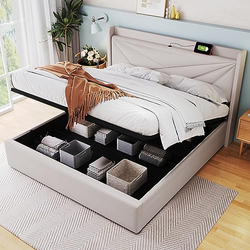 UISEBRT Polsterbett Doppelbett 180x200cm mit USB-Buchse, Bettgestell mit Lattenrost, Stauraum und Design Kopfteil - Stauraumbett Polsterbetten Ohne Matratze - Beige von UISEBRT